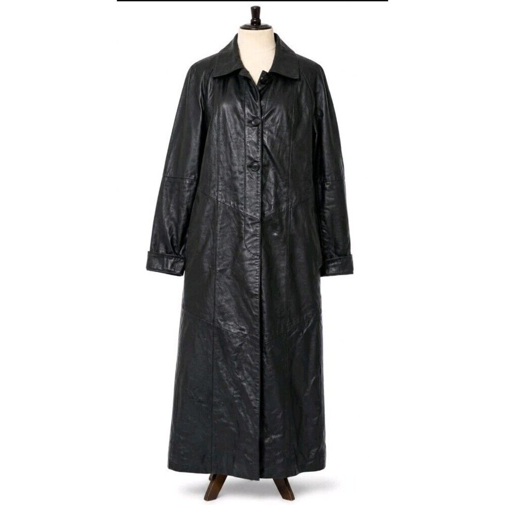 Studio C Womenβs Black Genuine Leather Full Length Maxi Trench Coat Size M/20